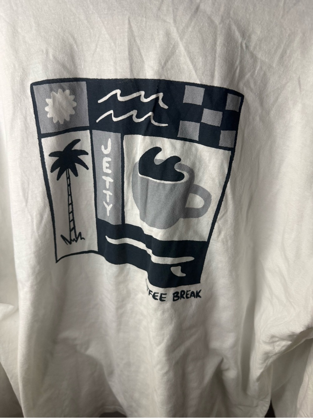 White Long-Sleeve Graphic Tee with Navy Coffee Break Design